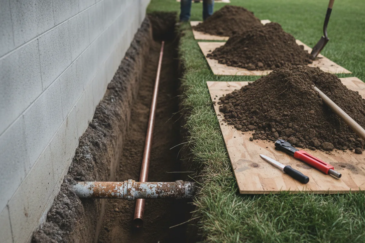 Excavated water line trench during Water Softener Installation in Kent
